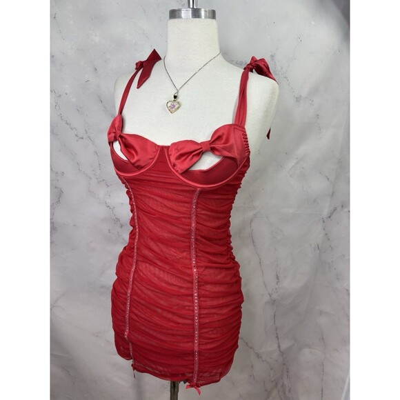 y2k Victoria Secret Lingerie Babydoll Dress Red Rhinestone Bling Bow Peek A Boo - Picture 14 of 16